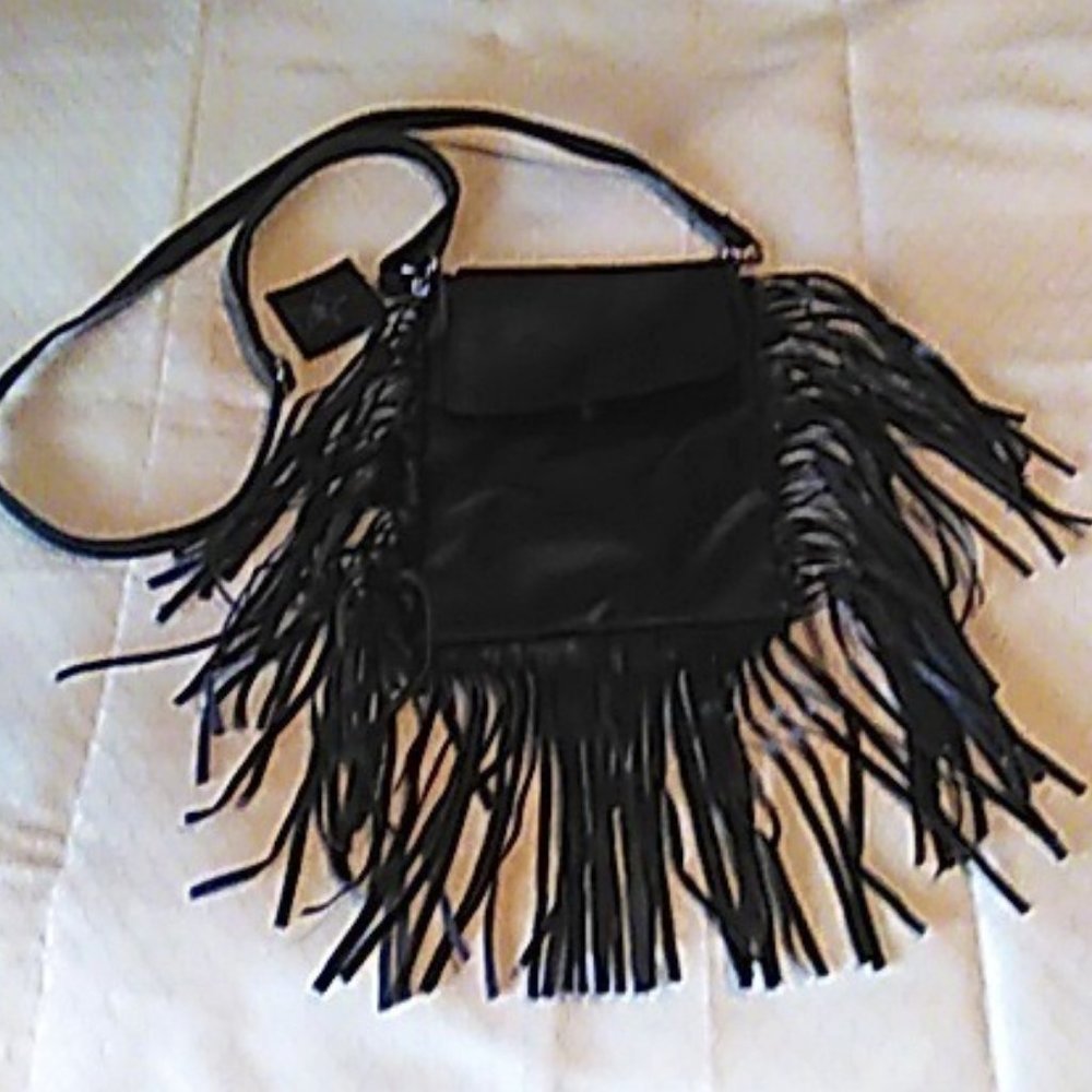 Fringe Boho Crossbody Bag Black Faux Leather Small Hippie NWT